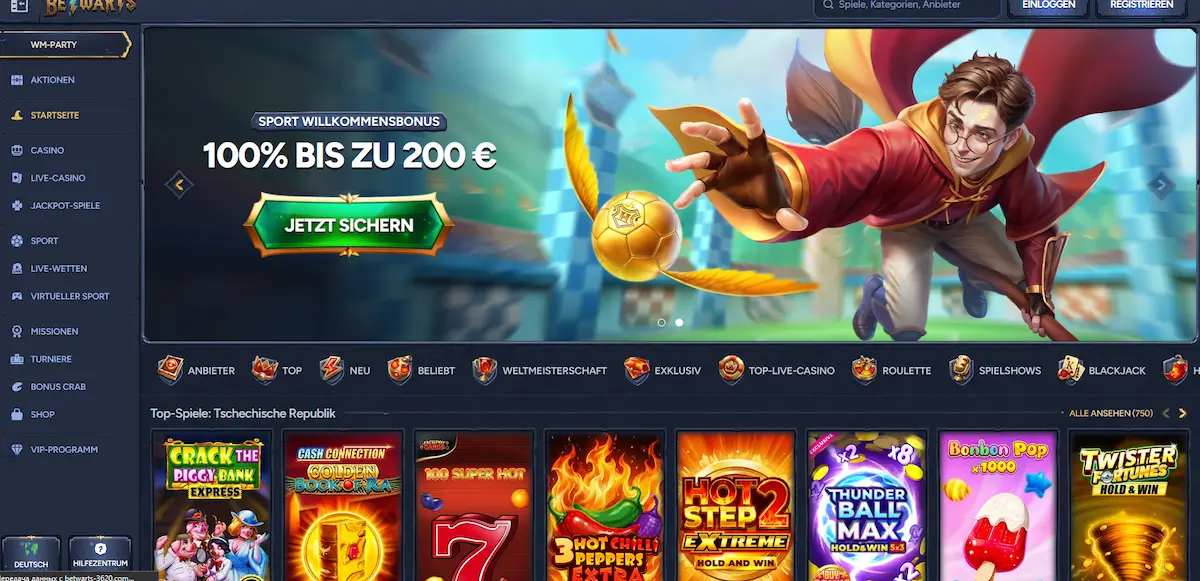 Betwarts Casino Lobby mit Slots und Live-Tischen