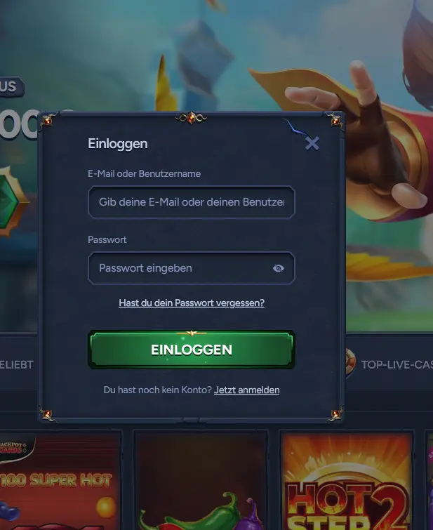 Betwarts Login-Bereich